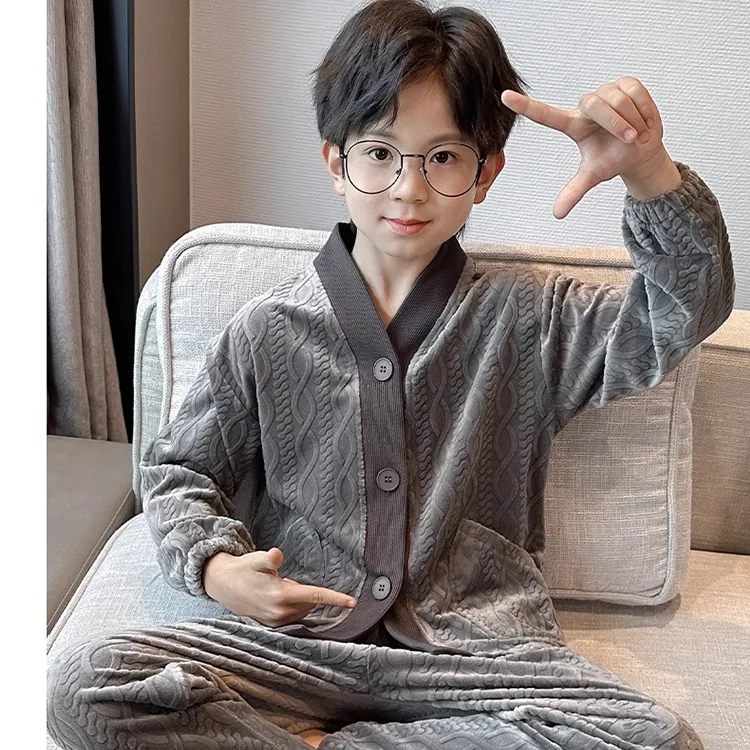 男童秋冬睡衣新款中大童儿童法兰绒家居服海岛绒薄绒开衫保暖套装