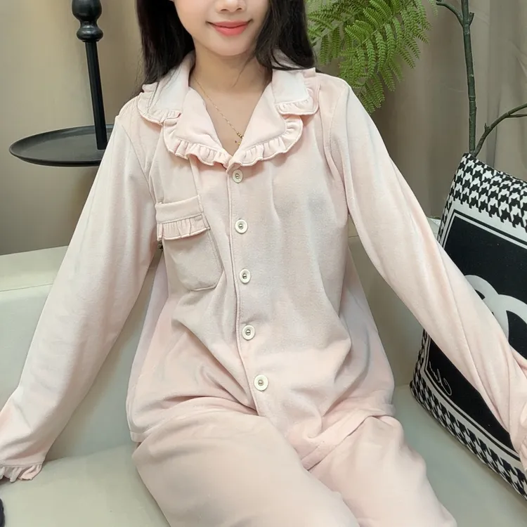 冬季翻领宽松春季女保暖秋冬家居服套装睡衣长袖长裤冬季细绒俩件