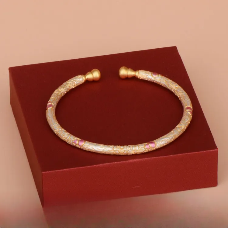 足银手镯 2025新款描金樱花葫芦手镯银9999实心开口镯子复古