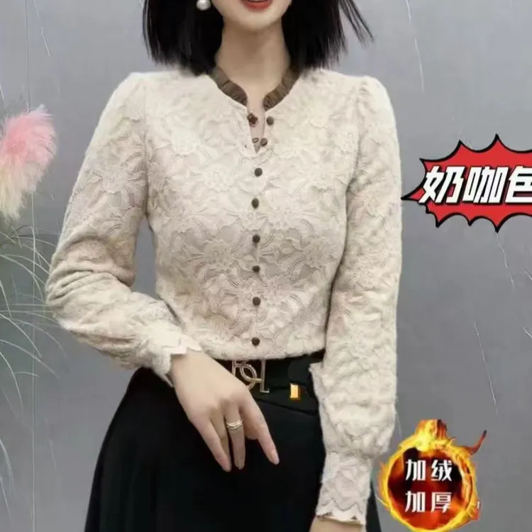 【加厚】BX21158冬季上新小花边半开撞色领款气质百搭上衣