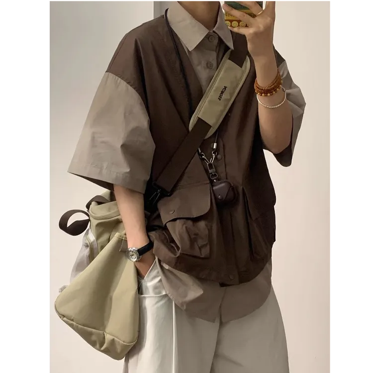 短袖衬衫男装复古撞色拼接假两件工装短袖衬衫日系潮百搭衬衣外套