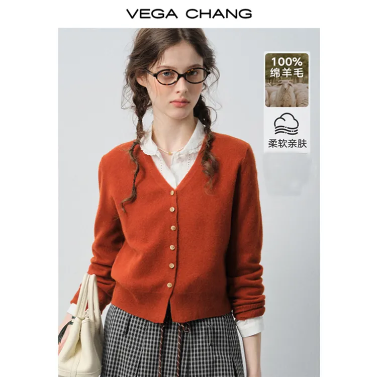 【100%绵羊毛】VEGA CHANG毛针织衫女2025简约开衫毛衣V25390191TS