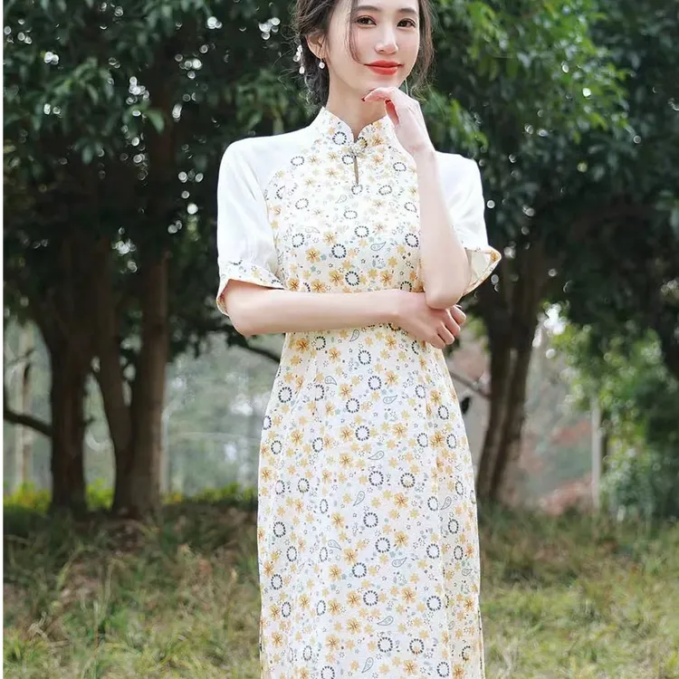 （839）夏款 双色 中长款改良旗袍 单层 长度约105cm改良版显瘦