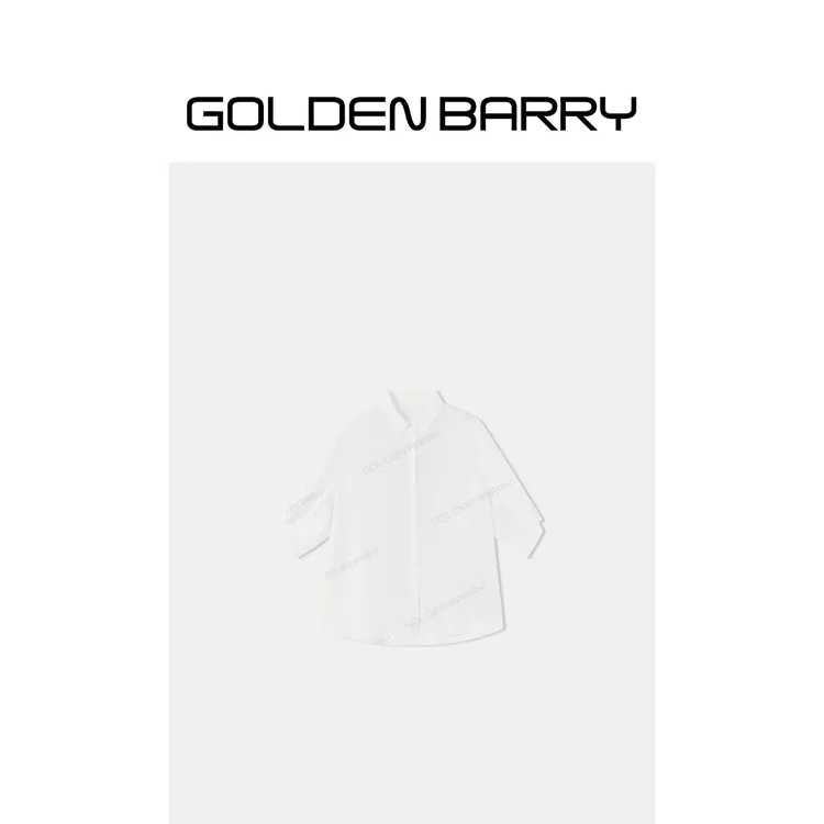 GOLDENBARRY「清氧衫」白色休闲七分袖简约袖口打褶衬衫216007