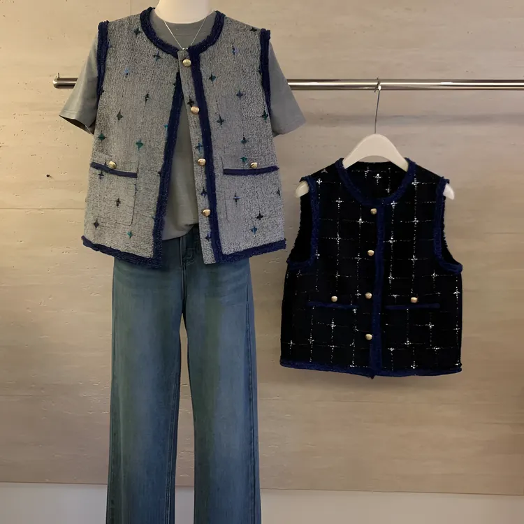 撞色毛边小香风马甲名媛休闲老钱风港风小个子气质复古马夹外套潮