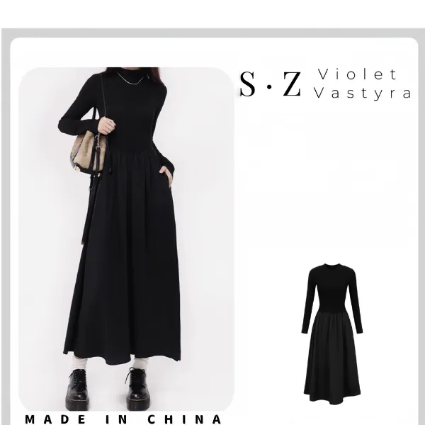 爱丽丝半高领赫本风气质显瘦长裙内搭打底法式连衣裙CQQD005