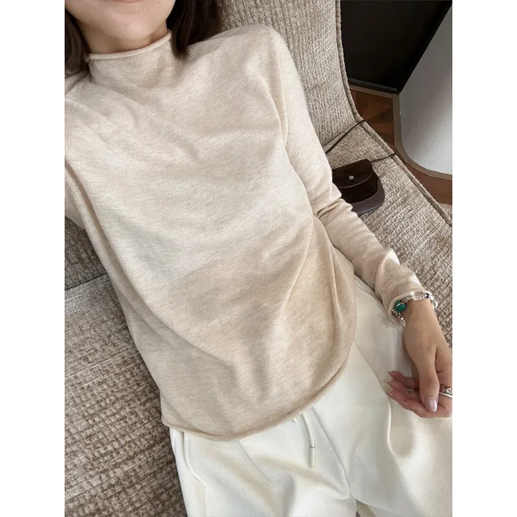 【唐悠悠mgdm】全羊毛卷边半高领纯色上衣女冬长袖修身显瘦打底衫