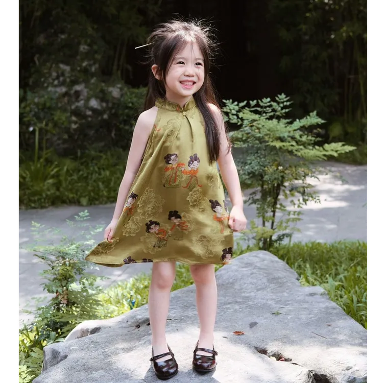 女童连衣裙2025夏季新款复古新中式国风印花无袖短款旗袍裙