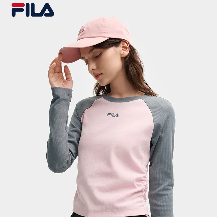 杨幂同款|FILA斐乐长袖T恤女2025秋新修身抽绳撞色插肩袖内搭上衣