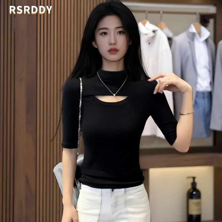 RSRDDY欧若风半高领镂空中袖T恤女春夏修身显瘦百搭内搭时尚上衣