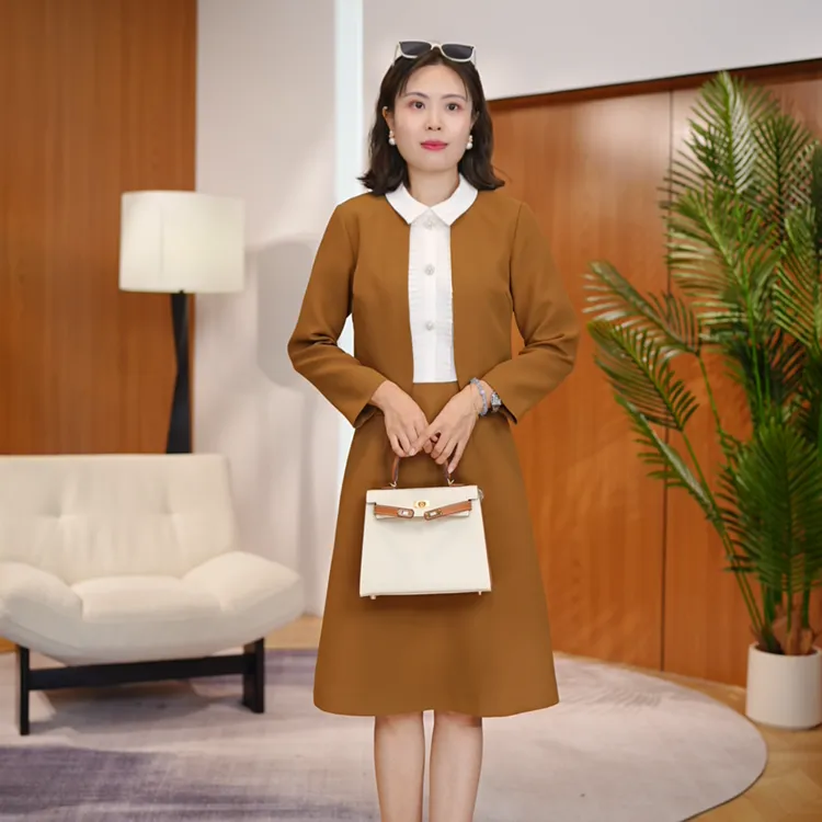 【南油虹姐】秋季新款拼接娃娃领假两件轻奢显瘦气质连衣裙