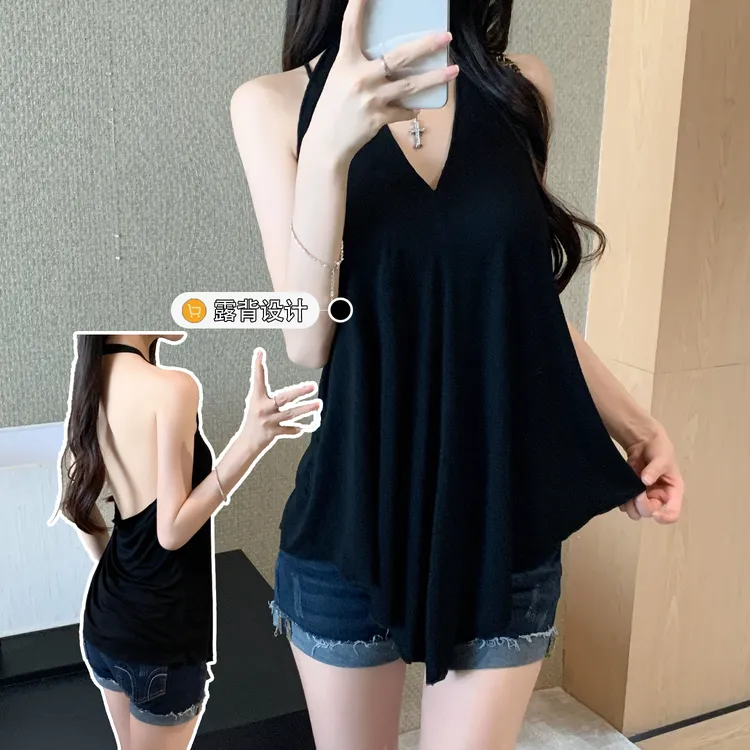 【发货超快】V领挂脖显瘦镂空慵懒风露背清爽黑色美背遮肚无袖上衣