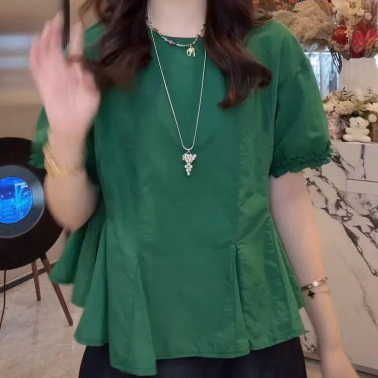韩版甜美可爱风格衣服夏季2025设计感宽松薄款短袖绿色女款衬衫