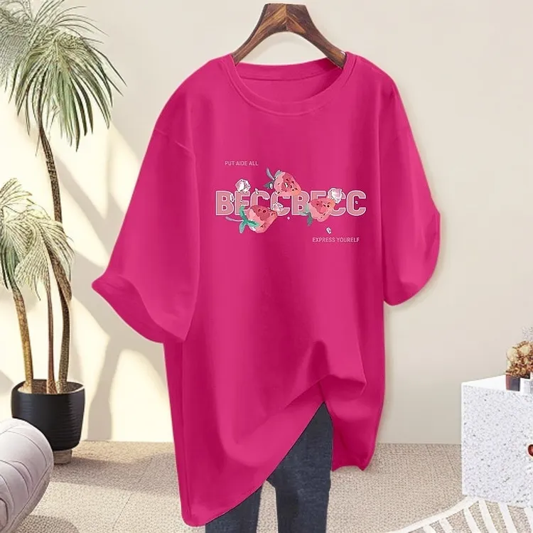 火龙果色纯棉短袖t恤女2025新款爆款夏季欧货打底中长款T恤上衣潮