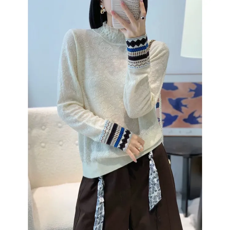 白玉兰蕾丝打底」可单穿~复古提花袖显瘦内搭长袖打底衫针织衫加厚