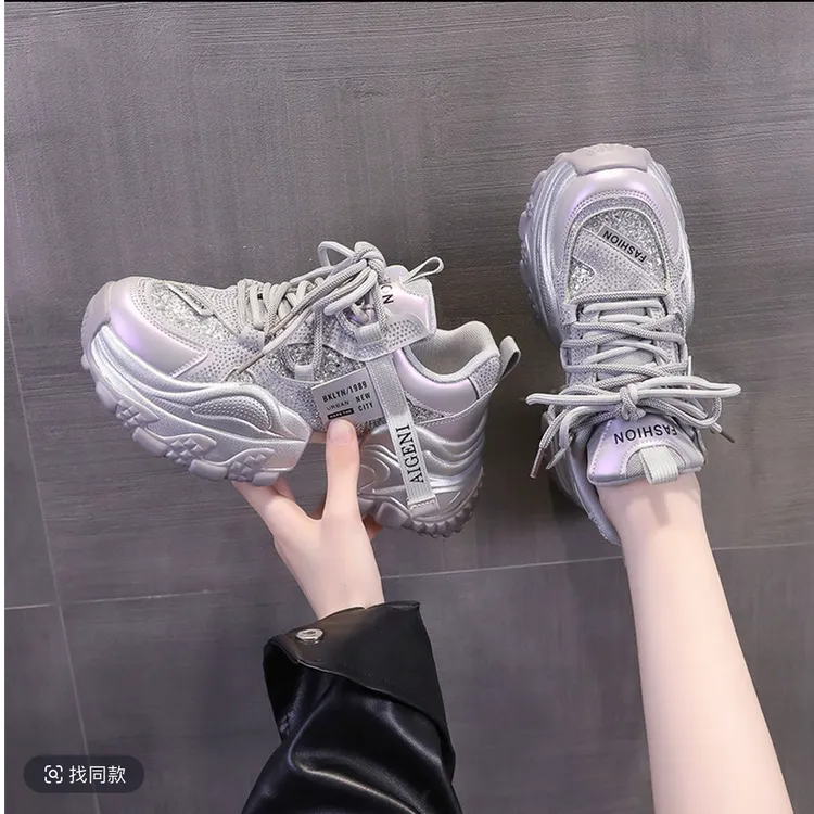 网红爆款时尚亮片老爹鞋女厚底2025秋季新款透气百搭休闲运动鞋子