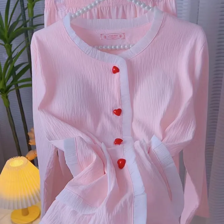 早春秋软绵绵女爱心纽扣甜美舒适居家服睡衣