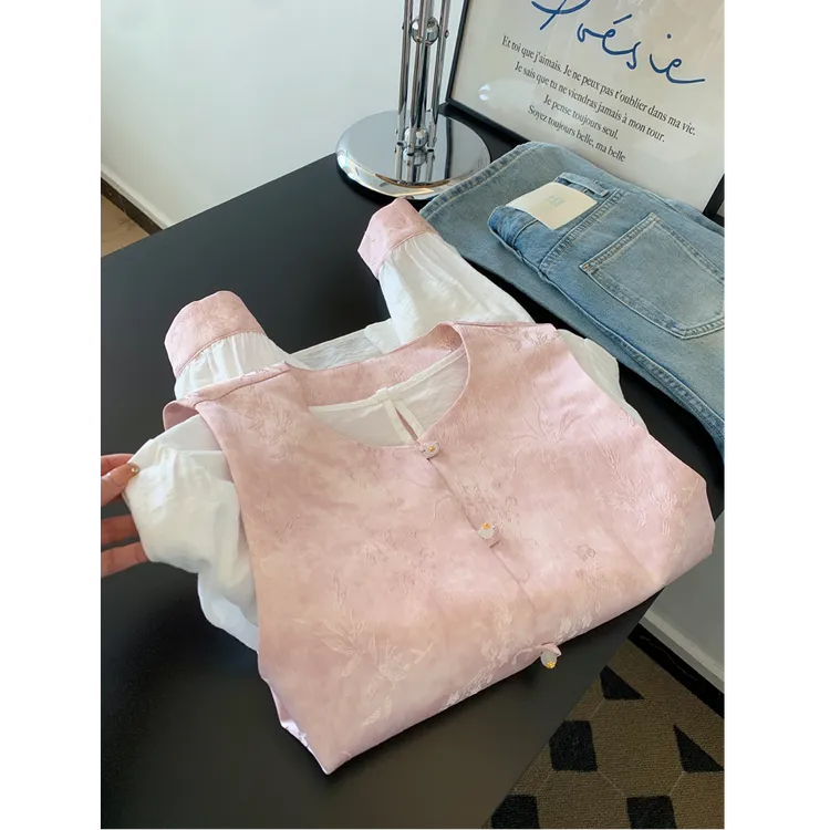 新国风两件套设计感百搭长袖衬衫叠穿女款外穿高级感粉色甜美上衣