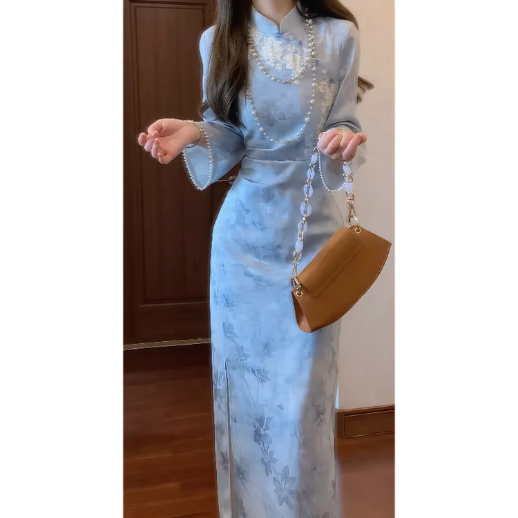 新中式国风复古改良版旗袍连衣裙收腰气质长裙9787