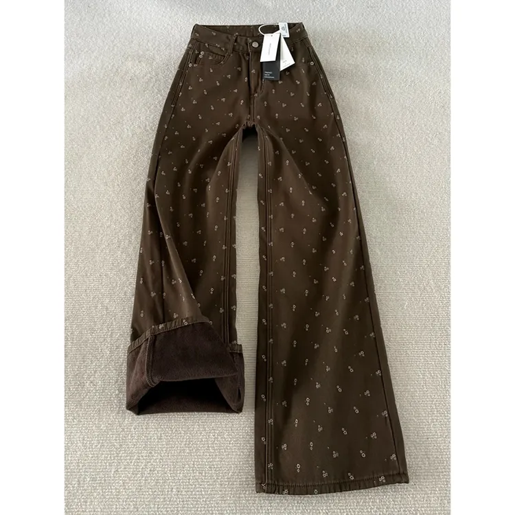 复古碎花加绒牛仔裤女秋冬2025新款宽松慵懒休闲百搭直筒拖地裤子