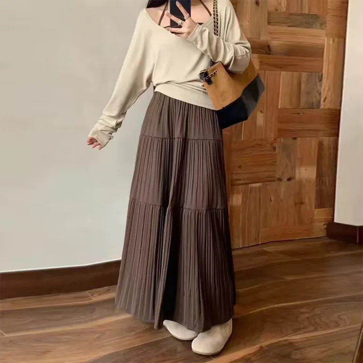 纯色百褶蛋糕裙A型休闲风长裙高腰半身裙时尚中长款半裙百搭