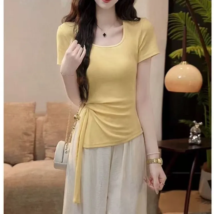 【落日剪影】夏季设计感修身显瘦不规则短袖T恤女