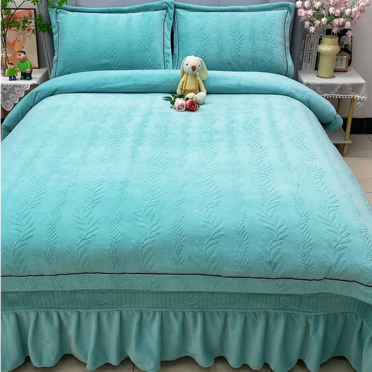 【加厚款】冬季保暖牛奶绒床盖款四件套立体雕花双面绒加厚床盖防滑