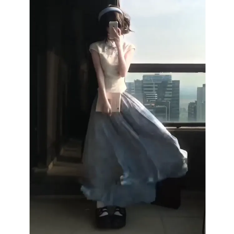 夏季新款新中式衬衫百搭小个子超好看小众设计感法式仙女半身裙