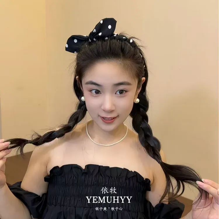 依牧夏季甜妹气质波点兔耳朵蝴蝶结发箍超立体褶皱高颅顶齿梳发箍