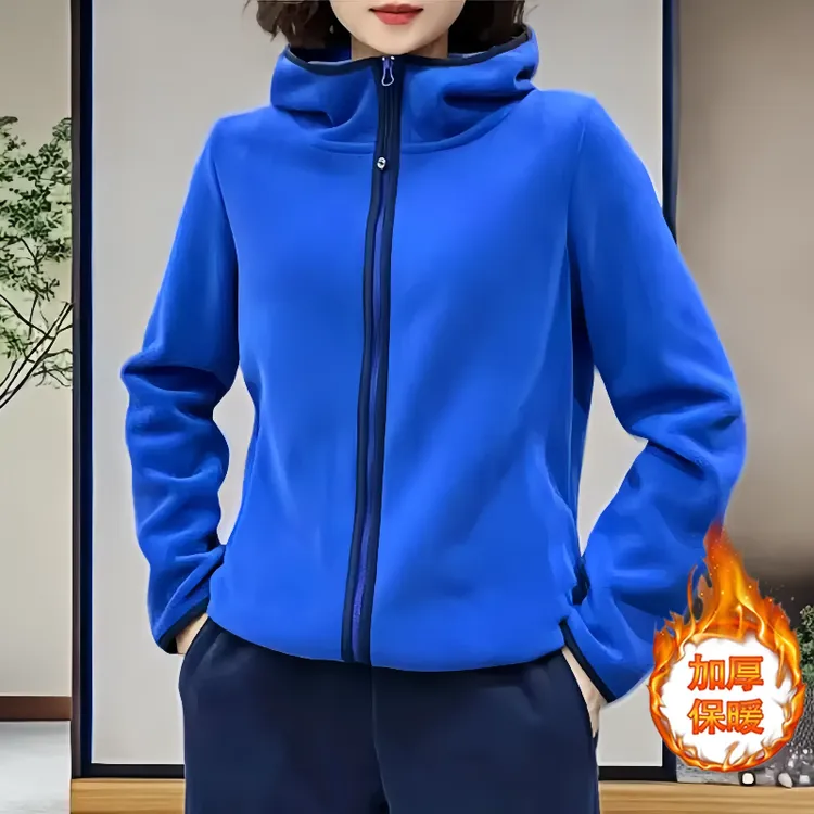 户外时尚保暖开衫短外欧货时髦双面绒百搭加厚女士长袖连帽上衣女