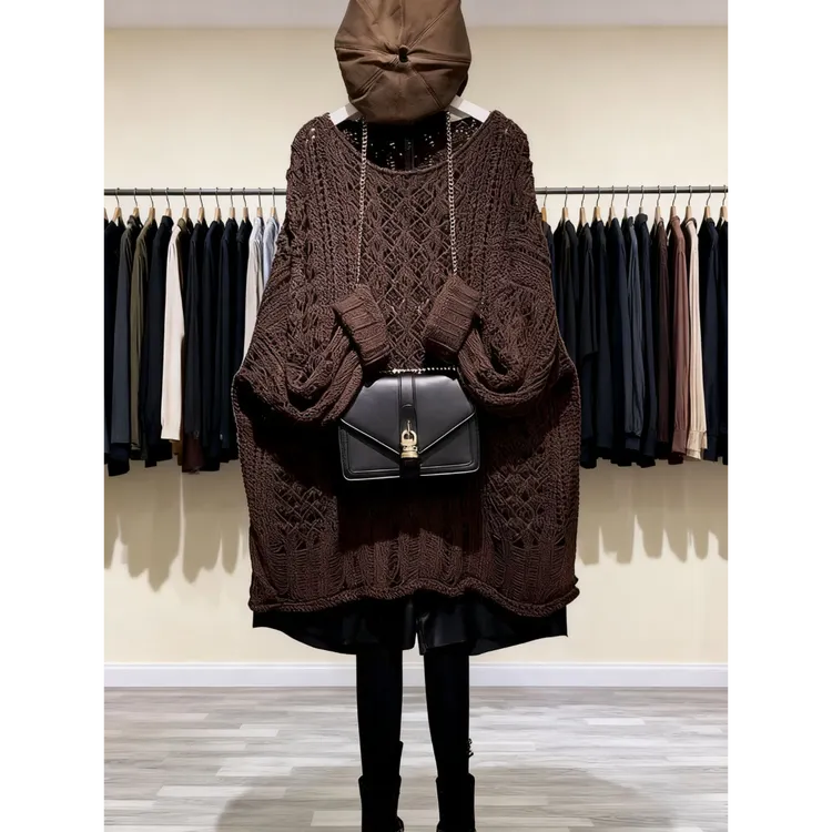 绝美！这种货闭眼收~复古气质显瘦咖色圆领中长款针织衫毛衣女秋冬