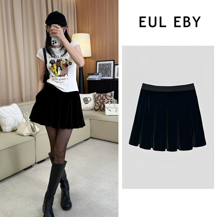 黑色丝绒百褶短裙女秋季新款松紧腰显瘦时尚百搭贵气减龄半身裙子