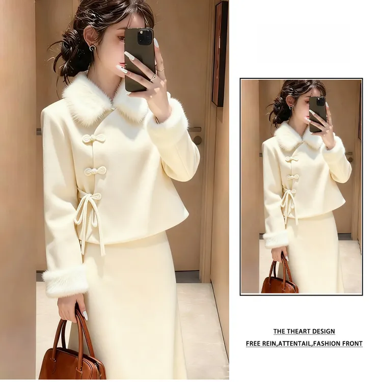 名媛新中式穿搭一整套女2025新款加绒斜襟盘扣上衣气质半身裙套装