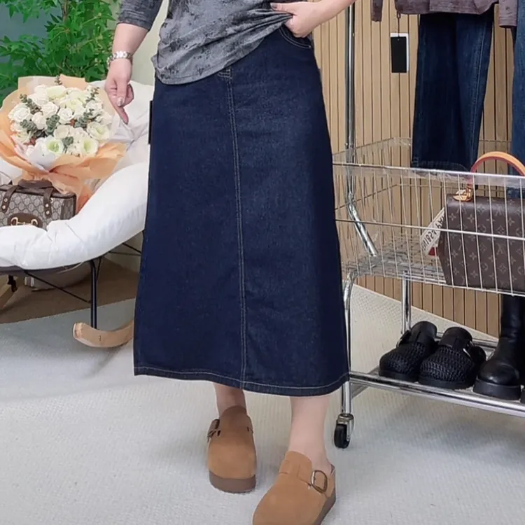 【后腰有橡筋】黑金蓝后开叉牛仔半身裙女高腰显瘦港风百搭A字长裙