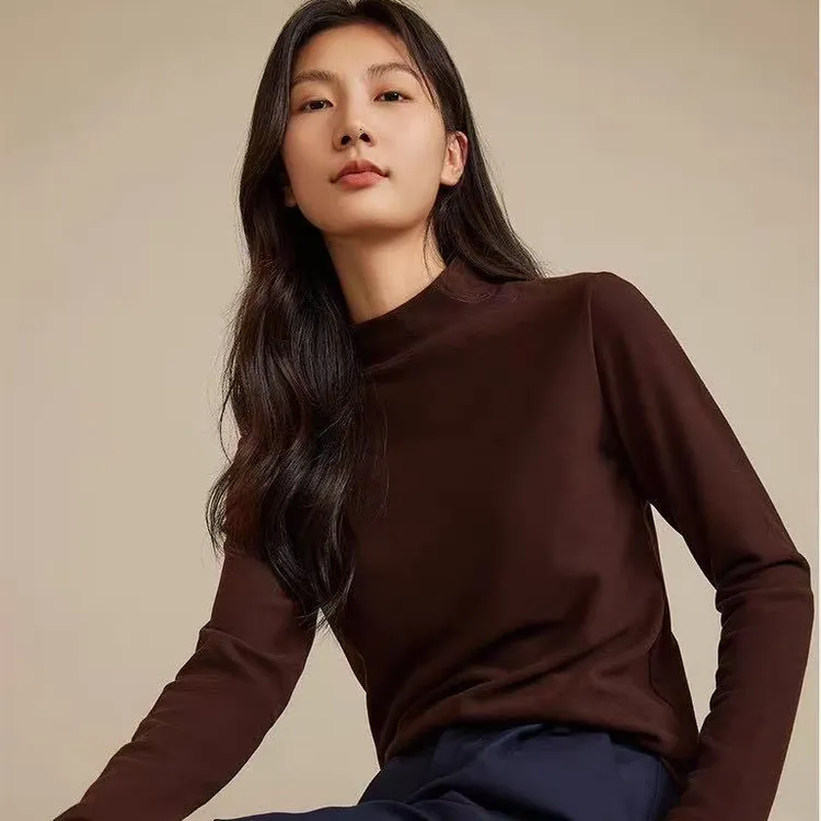 德绒简约风半高领通用打底衫耐磨百搭高领保暖上装长袖秋冬上衣