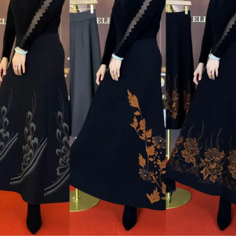 2505#秋冬花色针织大摆裙时尚百搭女士半身裙显瘦气质流行妈妈裙