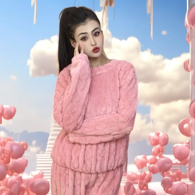 2025新款休闲显瘦提花加绒加厚睡衣套装家居服两件套时尚女士粉色