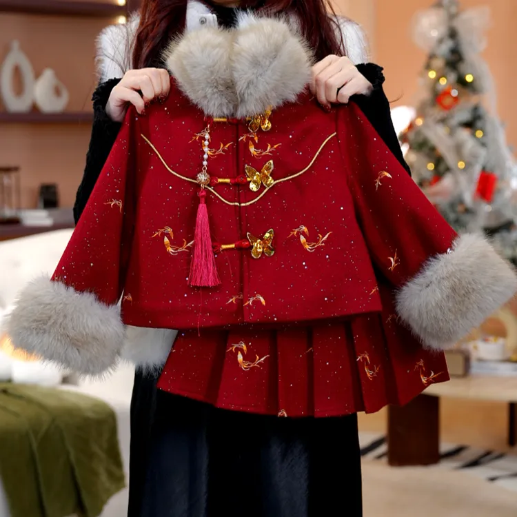 【锦绣】女童秋冬长袖裙子加绒加厚国风女孩呢子新中式套装DS20118