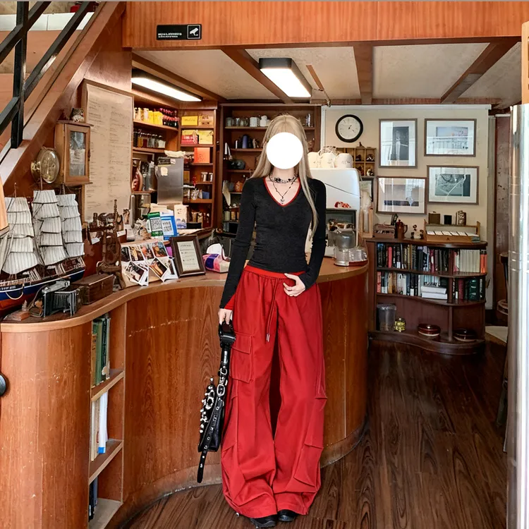 秋季新款V领撞色拼接长袖亲肤透气假两件上衣修身显瘦女T恤 8285