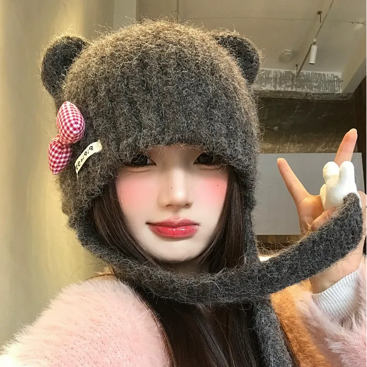 可爱小熊耳朵手掌蝴蝶结针织帽女秋冬保暖显脸小毛线护耳雷锋帽子