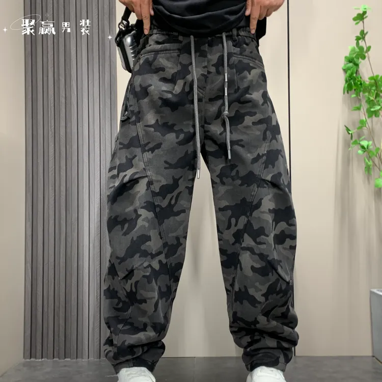 美式原宿高街迷彩休闲裤秋冬抓绒男潮牌水洗设计垂感显瘦拖地裤
