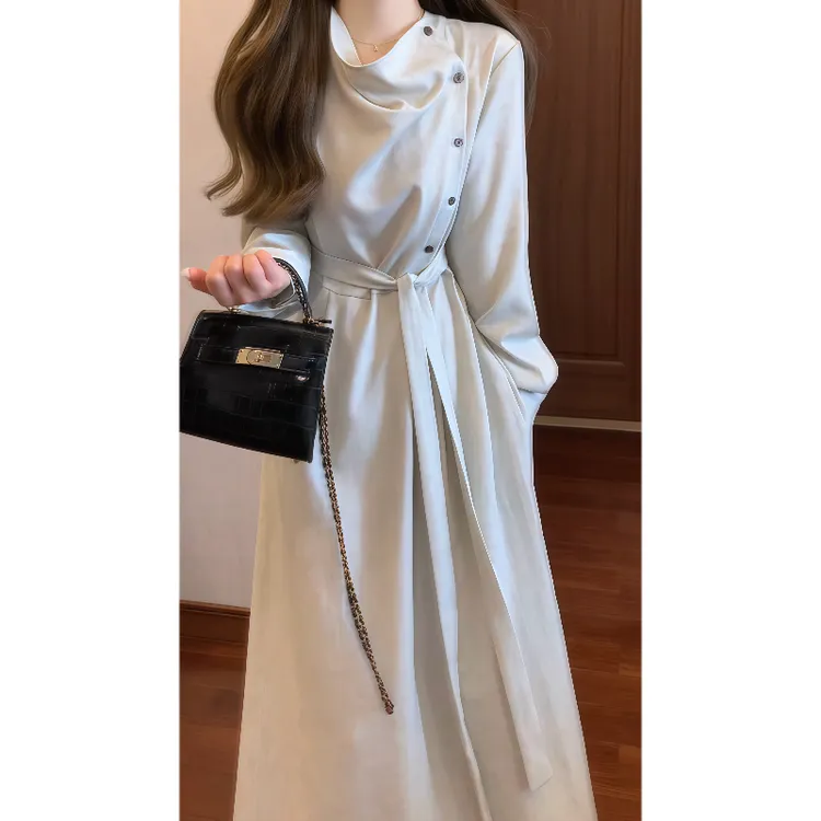 【暮云归】秋冬知识分子高级感斜门襟杏色绑带连衣裙气质长裙9827