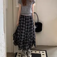 高端货~韩系不规则垂感花边半身裙复古百搭格纹长裙