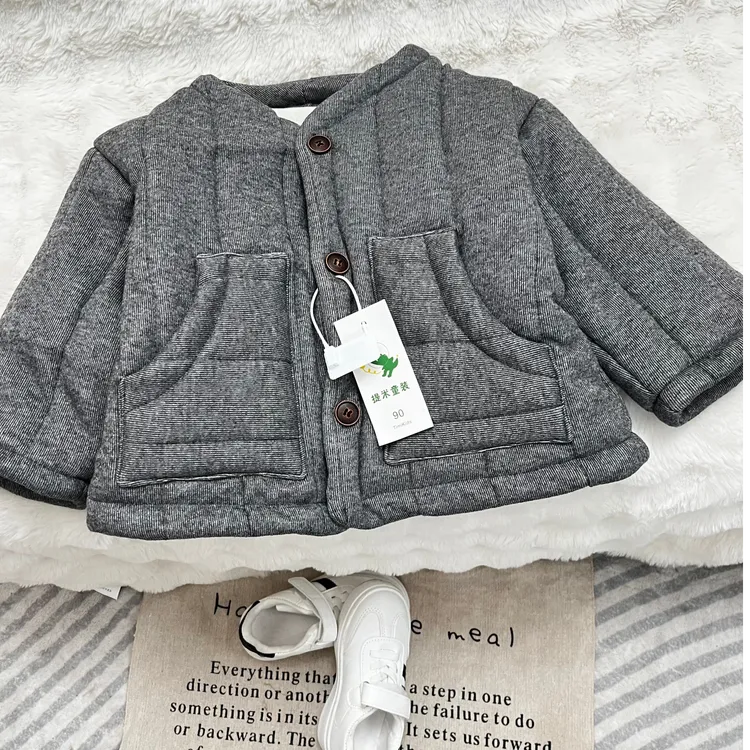 麻灰棉服2025冬季新款儿童外套韩版加厚加绒圆领男女宝宝宝宝童装