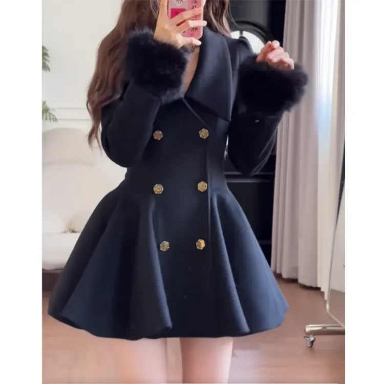 赫本序章掐腰夹棉黑色毛领收腰毛呢大衣厚小香风毛呢子外套裙女冬