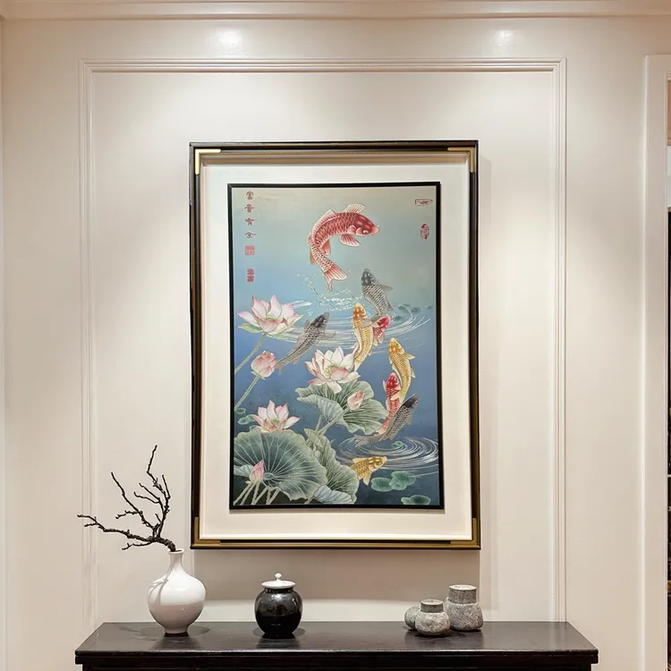 浩光铜祥阁手工铜雕荷花九鱼图新中式餐厅客厅玄关竖版装饰挂画