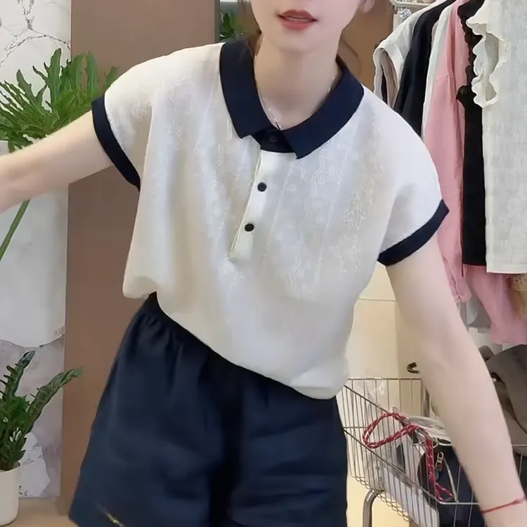 2025法式新韩版百搭修身时尚提花POLO领飞飞袖针织上衣LK2504279