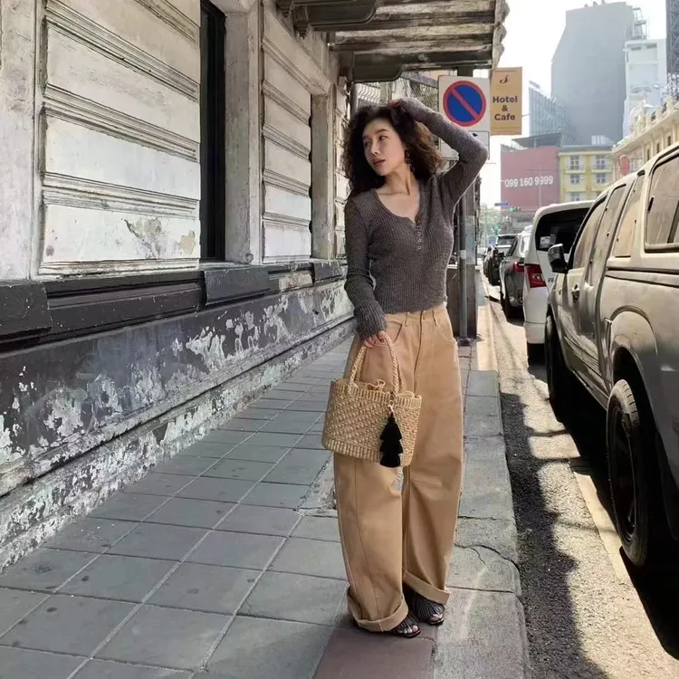 韩系简约修身显瘦长袖针织衫女秋季2024新款辣妹内搭短款打底上衣