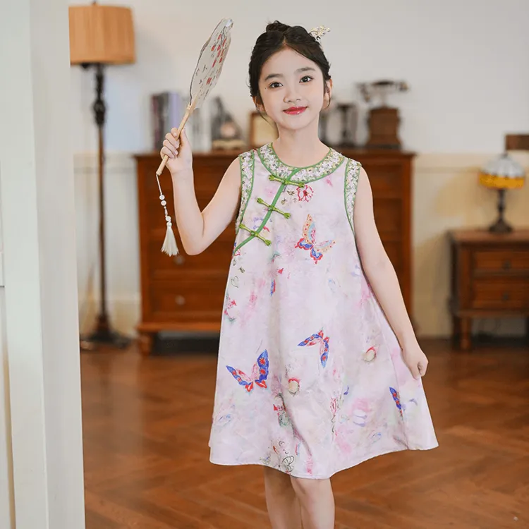 女童连衣裙2025夏季新款儿童国风蝴蝶无袖连衣裙女宝宝旗袍公主裙