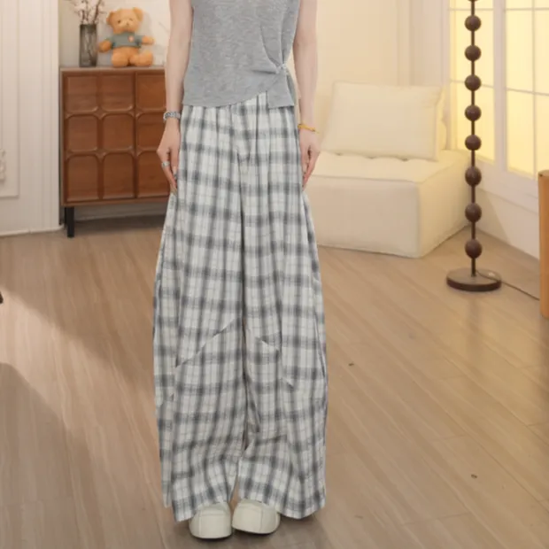 Basic House/百家好2025初秋新款显瘦百搭复古休闲格子裤女KXG88